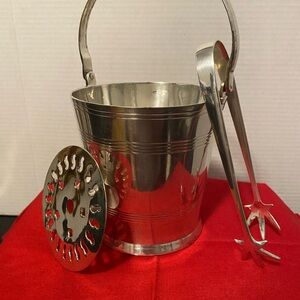 Vintage MCM Silver Plated Ice Bucket, Drainer and Claw Style Ice Tongs